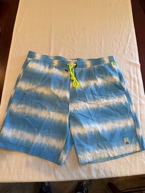 Psycho Bunny Blue and White Tie-Dye Swim Shorts with Neon Yellow Drawstring